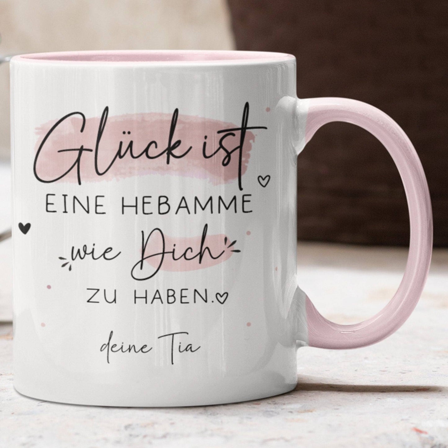 Handgefertigte Personalisierte Tasse – Glück ist eine HEBAMME wie dich zu haben - Geschenk zum Geburtstag, Ostern, Weihnachten -Wunschnamen kleinebuchstaben Hebamme - Rosa