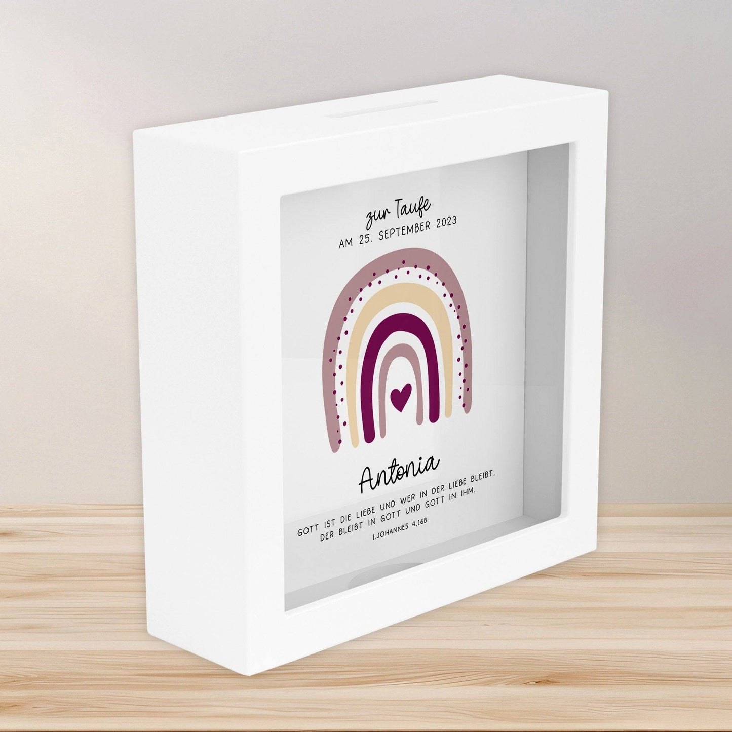 Holz Spardose Taufe personalisiert mit Namen zur Geburt Kommunion Konfirmation eines Kindes mit Taufspruch und als Geldgeschenk–Taufgeschenk kleinebuchstaben Holz Regenbogen - Rosa