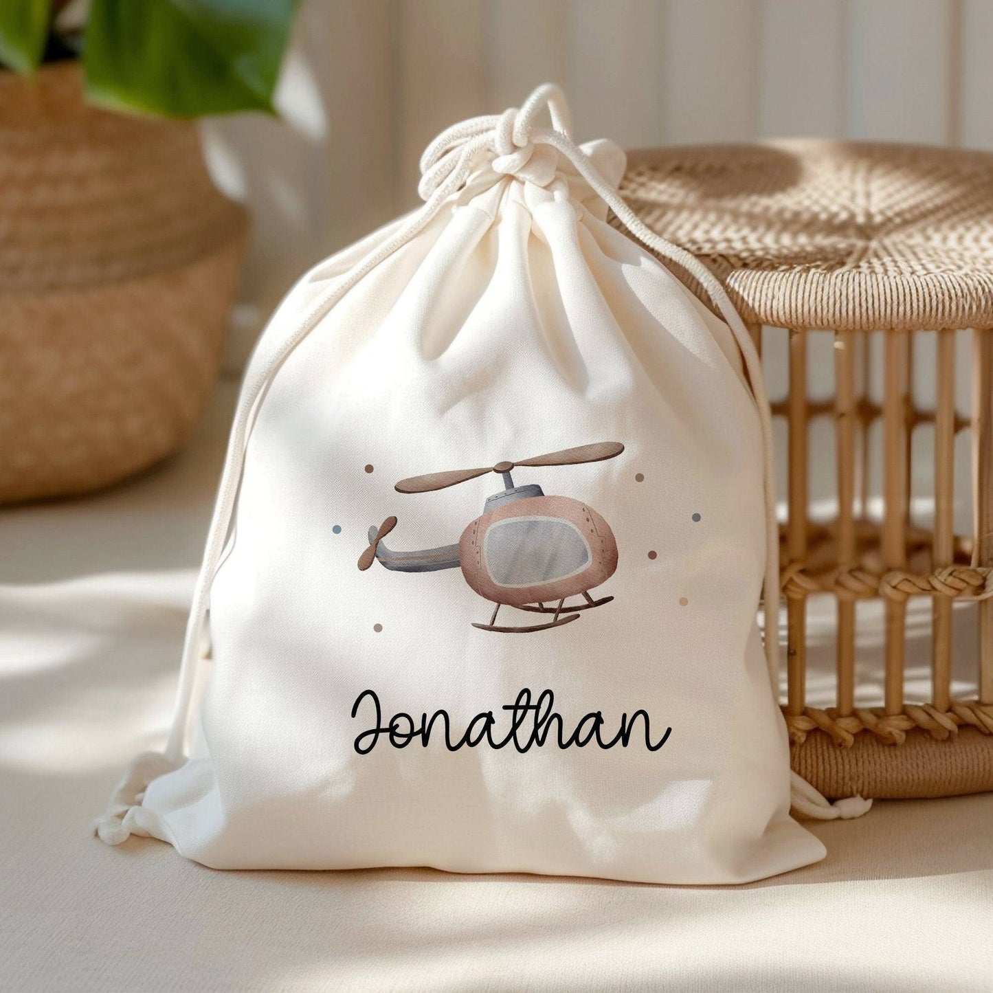 Hubschrauber Turnbeutel Rucksack mit Namen - GymBag als Wäschebeutel, Sportbeutel Kinderbeutel für Schule, Kindergarten, Kita.Personalisiert kleinebuchstaben
