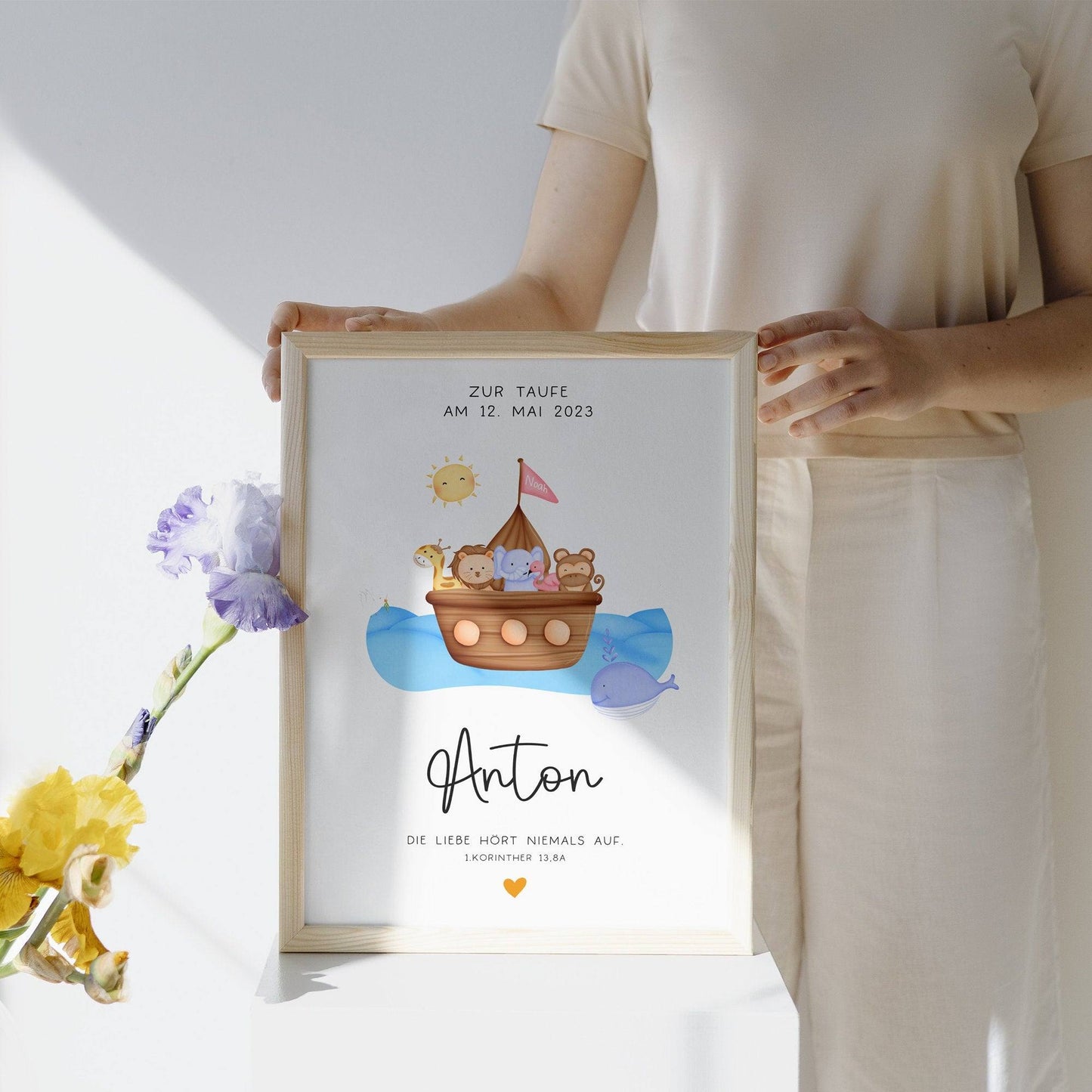 Personalisiertes Poster zur Taufe mit eigenen Namen und Taufspruch Arche Noah | Taufposter| Geschenk zur Taufe | Geschenk für Patenkind kleinebuchstaben