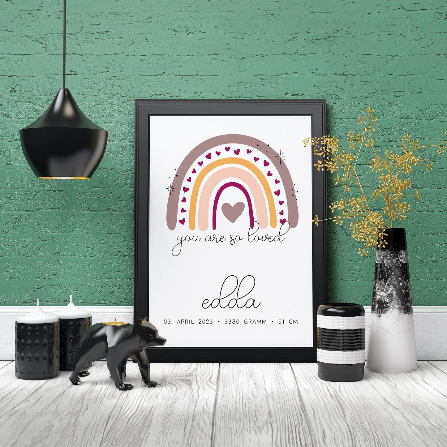 Personalisiertes Poster Geburtsposter in DIN A4 mit Regenbogen, Wunschname, Kinderzimmer Poster Name, Geschenk Baby, Geschenk zur Geburt kleinebuchstaben