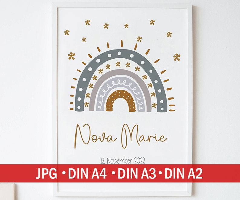 Personalisiertes Poster Geburtsposter in DIN A4 mit Regenbogen, Wunschname, Kinderzimmer Poster Name, Geschenk Baby, Geschenk zur Geburt kleinebuchstaben