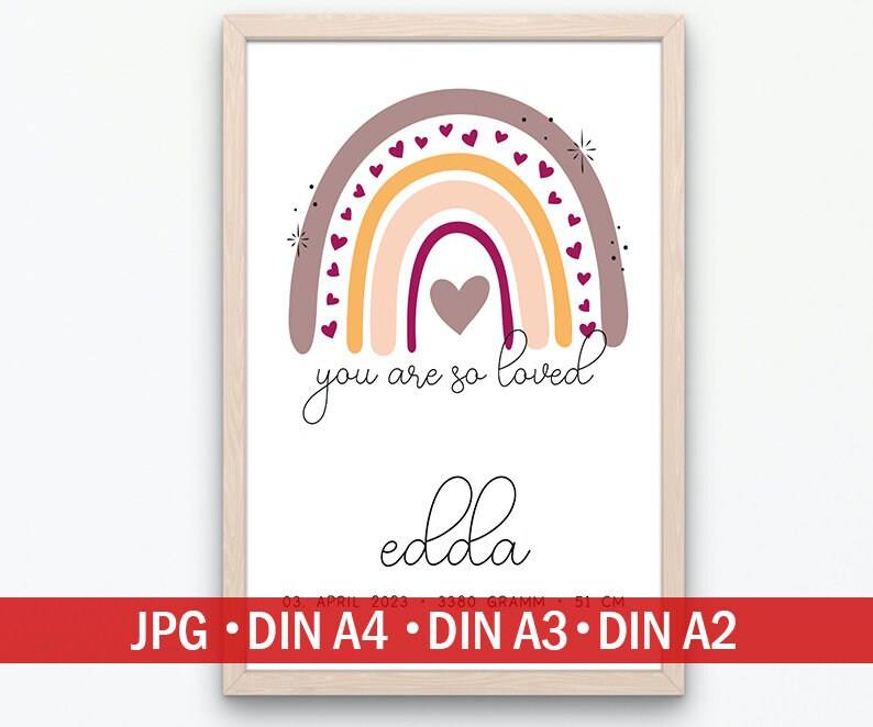 Personalisiertes Poster Geburtsposter in DIN A4 mit Regenbogen, Wunschname, Kinderzimmer Poster Name, Geschenk Baby, Geschenk zur Geburt kleinebuchstaben