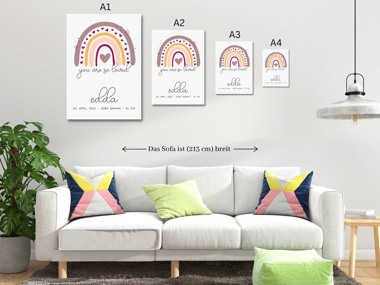 Personalisiertes Poster Geburtsposter in DIN A4 mit Regenbogen, Wunschname, Kinderzimmer Poster Name, Geschenk Baby, Geschenk zur Geburt kleinebuchstaben