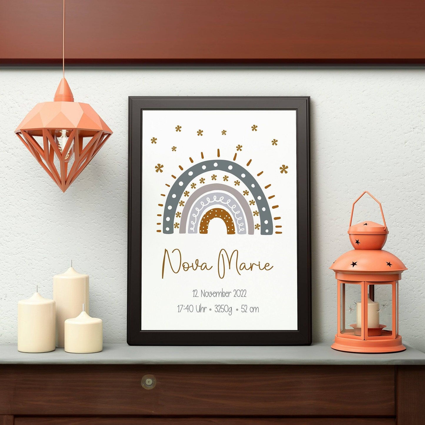 Personalisiertes Poster Geburtsposter in DIN A4 mit Regenbogen, Wunschname, Kinderzimmer Poster Name, Geschenk Baby, Geschenk zur Geburt kleinebuchstaben