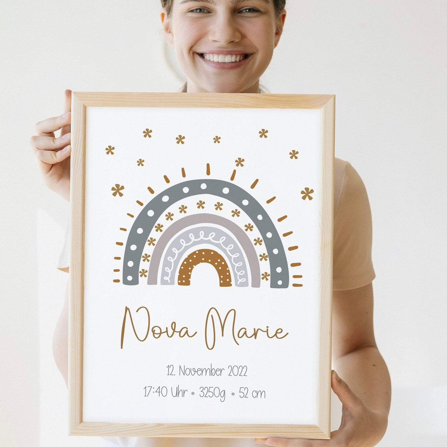 Personalisiertes Poster Geburtsposter in DIN A4 mit Regenbogen, Wunschname, Kinderzimmer Poster Name, Geschenk Baby, Geschenk zur Geburt kleinebuchstaben