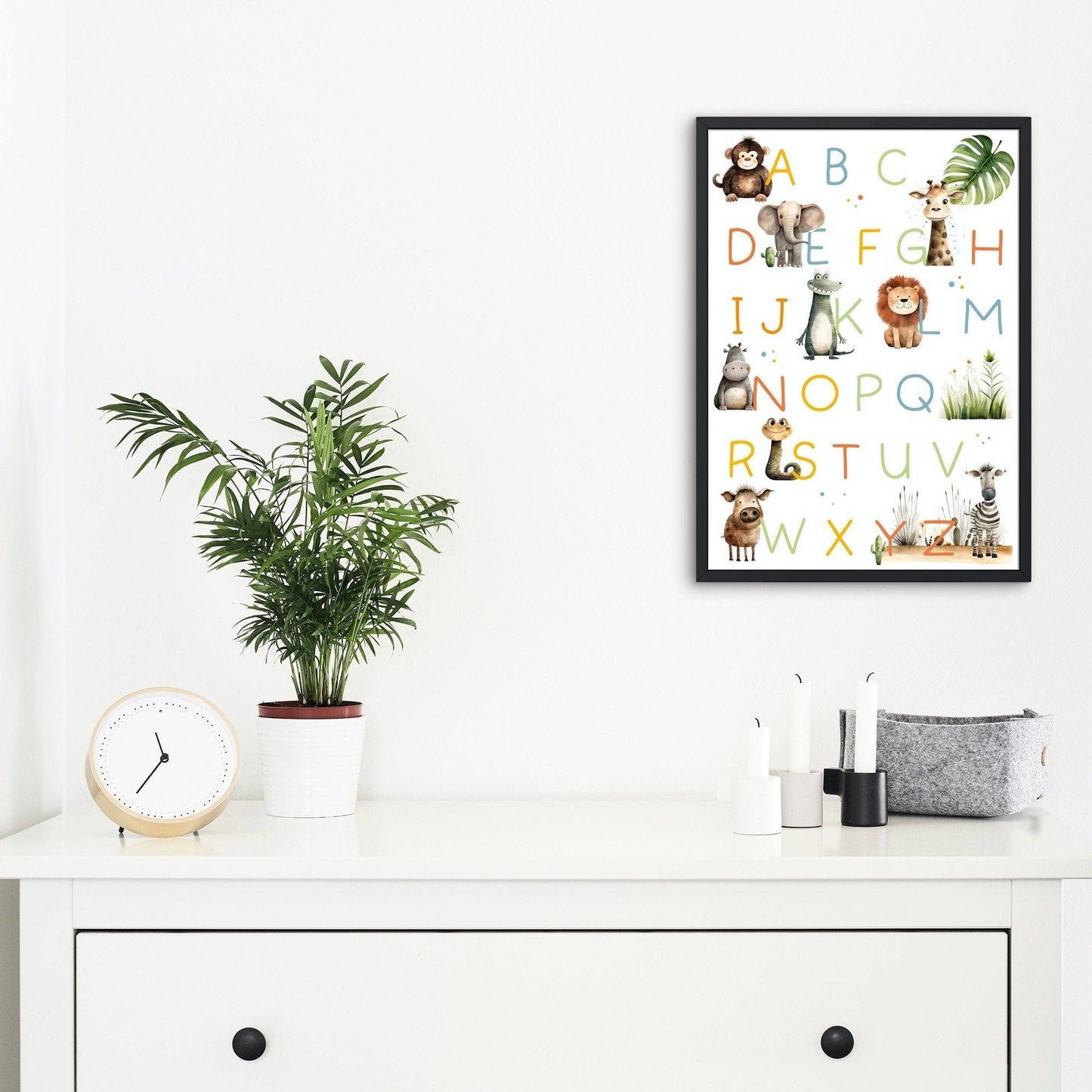 ABC Poster, Tieralphabet - DIN A4 oder A3 | Afrikanisches Safari Alphabet Tiere | Lernposter fürs Kinderzimmer mit süßen Tier-Motiven. kleinebuchstaben