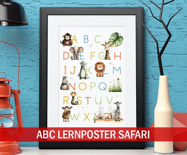 ABC Poster, Tieralphabet - DIN A4 oder A3 | Afrikanisches Safari Alphabet Tiere | Lernposter fürs Kinderzimmer mit süßen Tier-Motiven. kleinebuchstaben