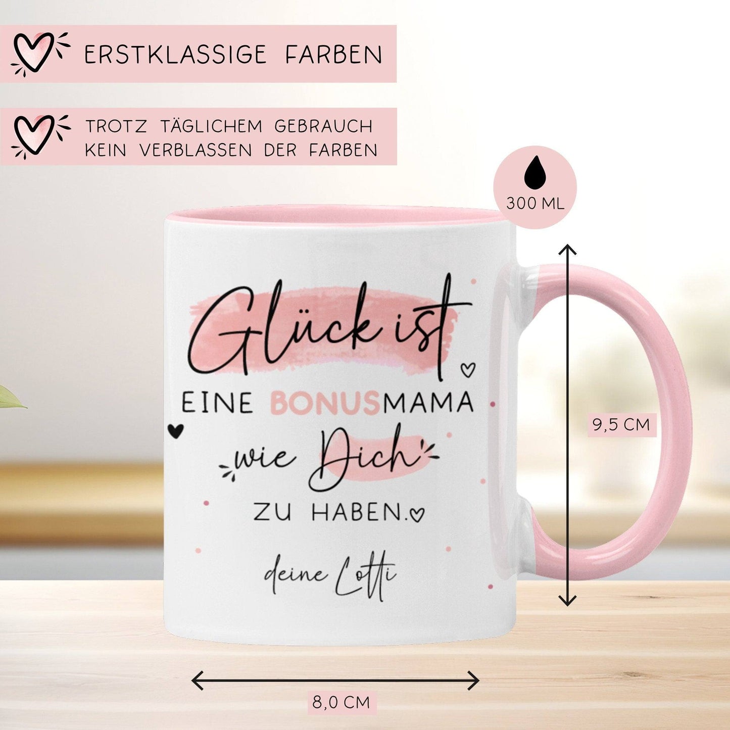 Tasse Bonusmama Muttertag personalisiert – Motiv: Glück ist eine BONUSMAMA wie dich zu haben - Geschenk zum Geburtstag, Ostern, Weihnachten kleinebuchstaben