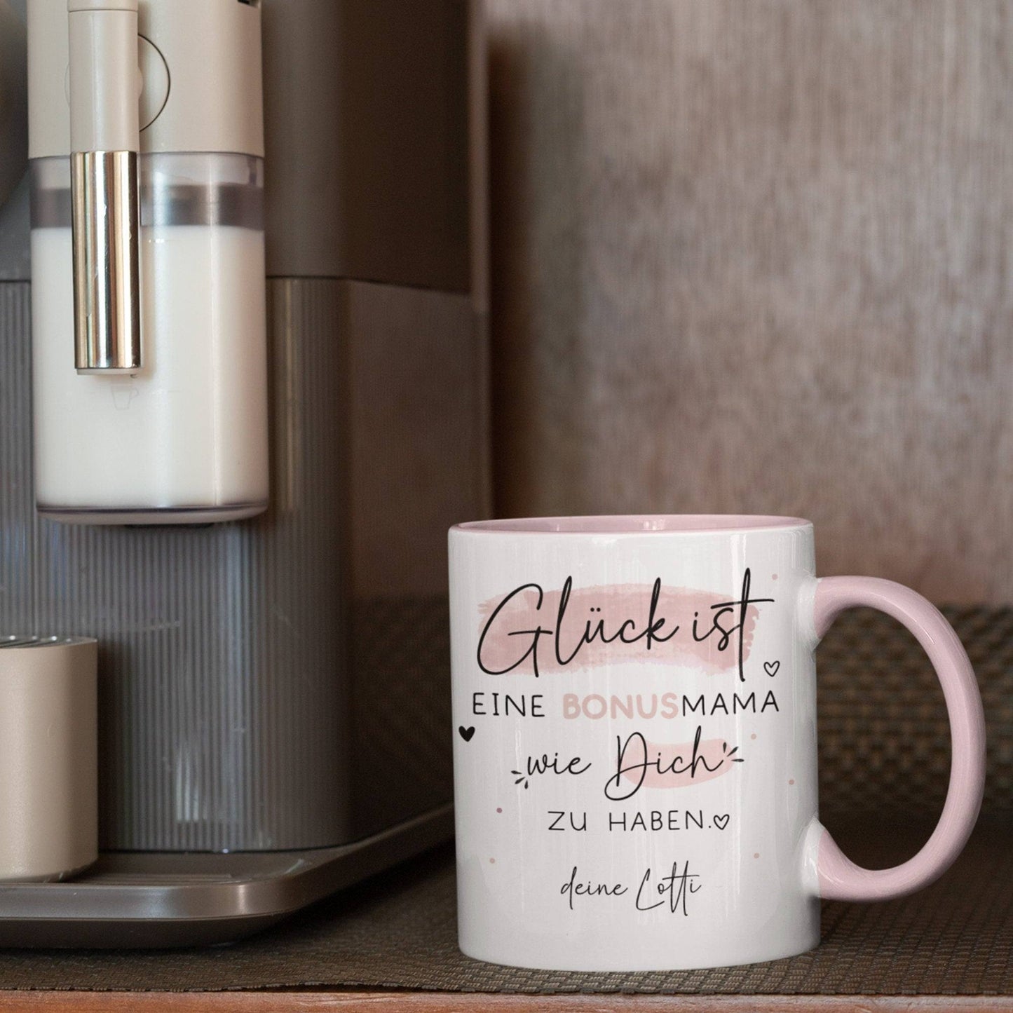 Tasse Bonusmama Muttertag personalisiert – Motiv: Glück ist eine BONUSMAMA wie dich zu haben - Geschenk zum Geburtstag, Ostern, Weihnachten kleinebuchstaben