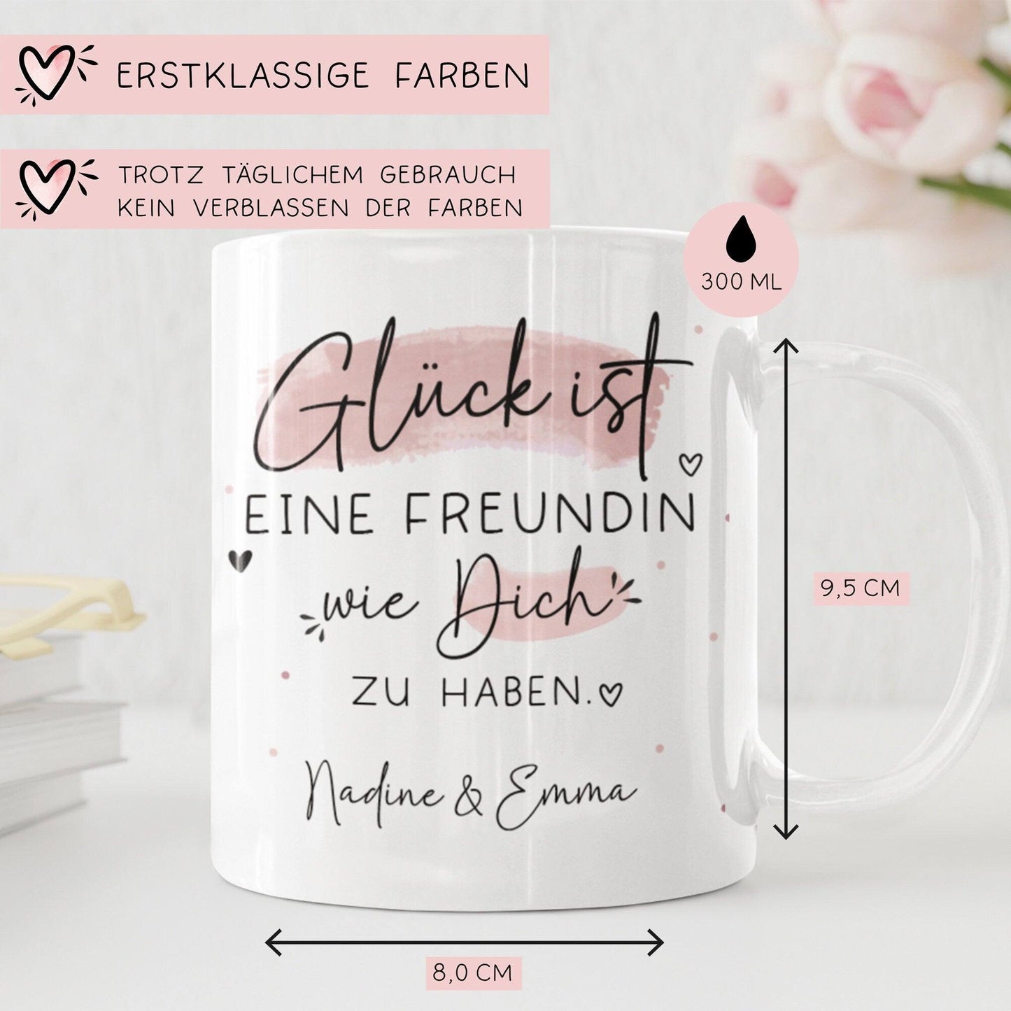 Personalisierte Tasse – Glück ist eine FREUNDIN wie dich zu haben - Geschenk zum Geburtstag, Ostern, Weihnachten -Wunschnamen kleinebuchstaben