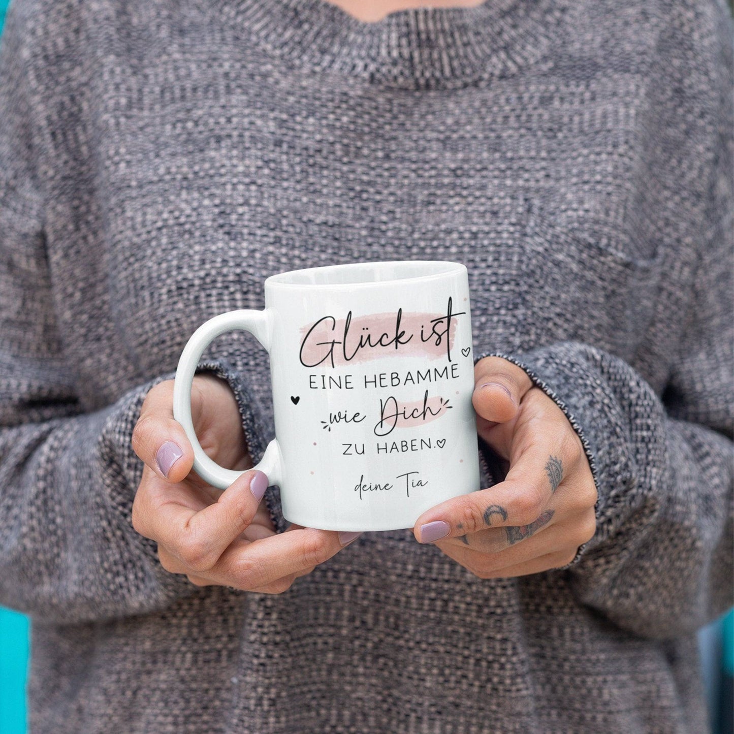 Personalisierte Tasse Namen – Glück ist eine HEBAMME wie dich zu haben - Geschenk zum Geburtstag, Ostern, Weihnachten -Wunschnamen kleinebuchstaben