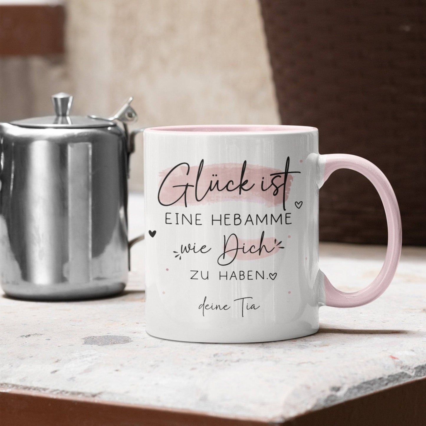 Handgefertigte Personalisierte Tasse – Glück ist eine HEBAMME wie dich zu haben - Geschenk zum Geburtstag, Ostern, Weihnachten -Wunschnamen kleinebuchstaben