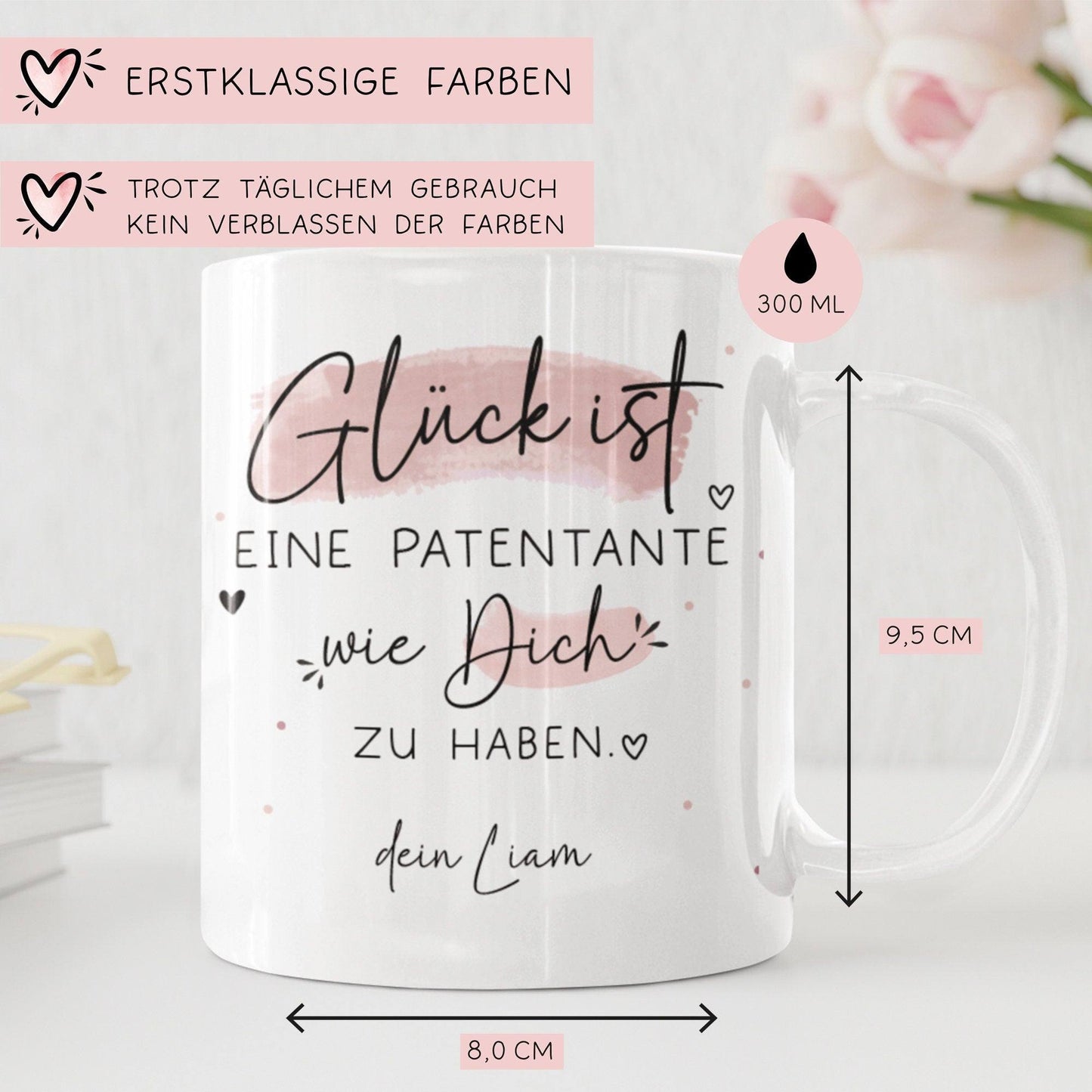 Personalisierte Tasse mit Wunschnamen – Glück ist eine PATENTANTE wie dich zu haben - Geschenk zum Muttertag Geburtstag, Ostern, Weihnachten kleinebuchstaben
