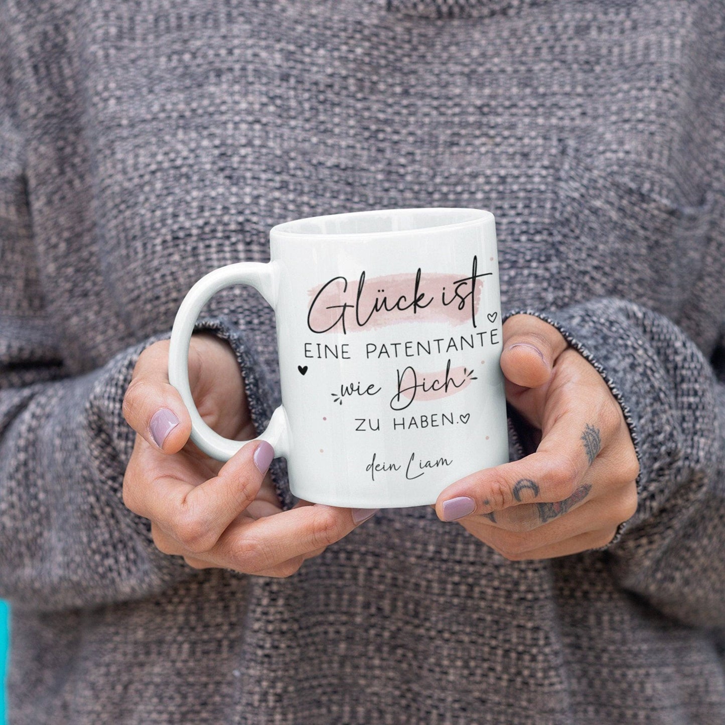 Personalisierte Tasse mit Wunschnamen – Glück ist eine PATENTANTE wie dich zu haben - Geschenk zum Muttertag Geburtstag, Ostern, Weihnachten kleinebuchstaben