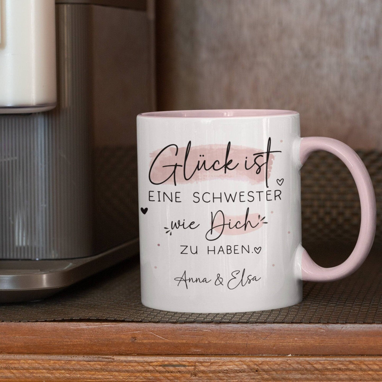 Tasse Personalisiert Schwester Name "Glück ist eine SCHWESTER wie dich zu haben" - Geschenk zum Geburtstag, Ostern, Weihnachten, BFF kleinebuchstaben