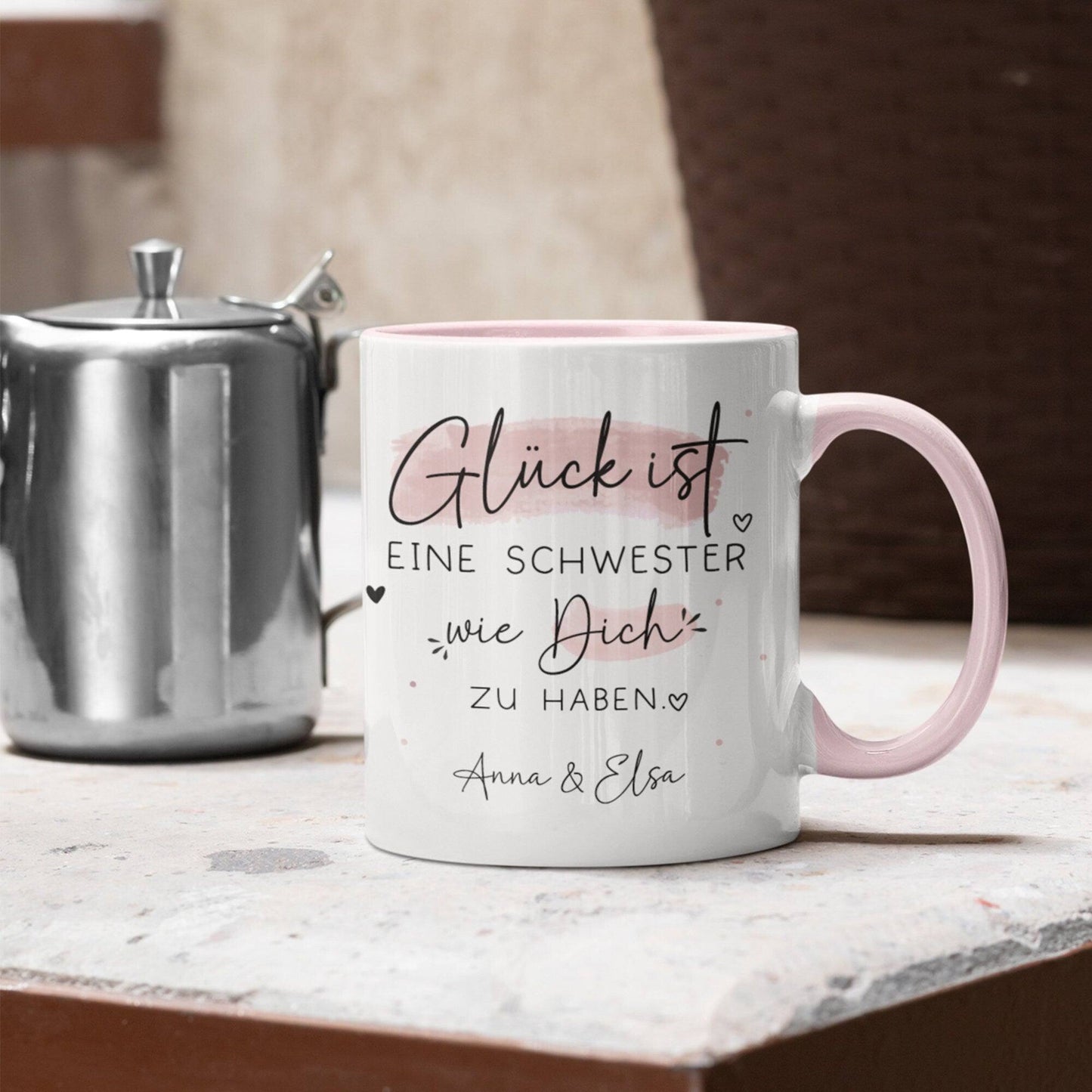 Tasse Personalisiert Schwester Name "Glück ist eine SCHWESTER wie dich zu haben" - Geschenk zum Geburtstag, Ostern, Weihnachten, BFF kleinebuchstaben