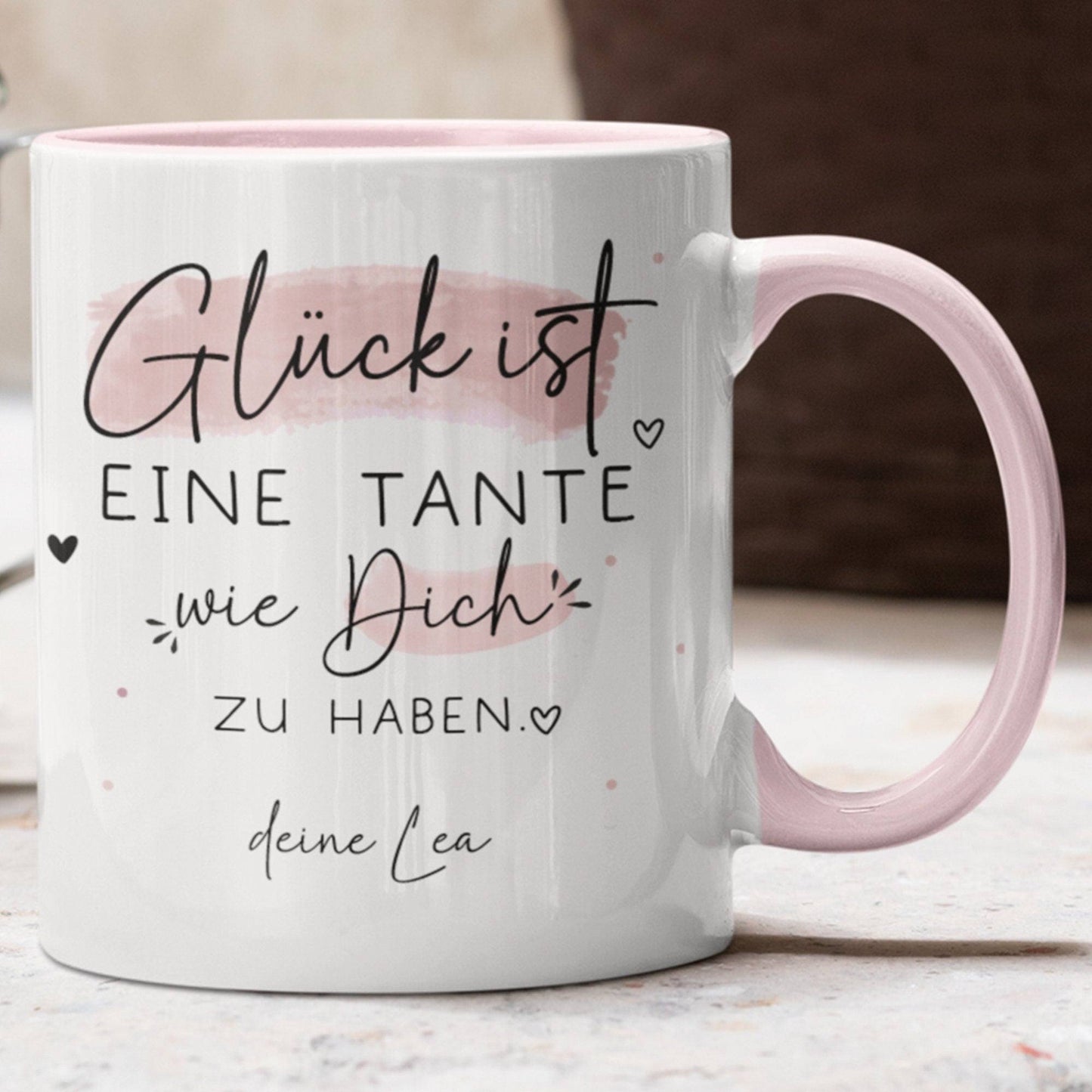 Handgefertigte Personalisierte Tasse mit Wunschnamen – Glück ist eine TANTE wie dich zu haben - Geschenk zu Ostern, Weihnachten, Geburtstag kleinebuchstaben Tante - Rosa