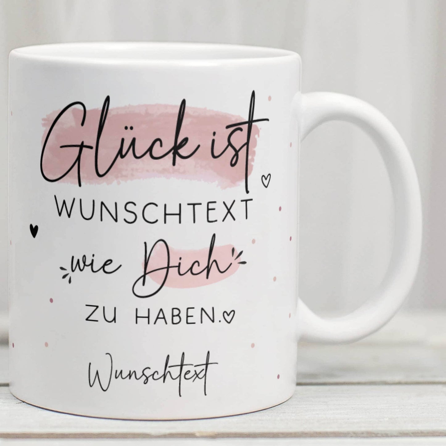 Handgefertigte Personalisierte "Glück ist..." - Tasse komplett mit Wunschtext und Wunschname. Zum Geburtstag, Muttertag, Ostern, Weihnachten kleinebuchstaben