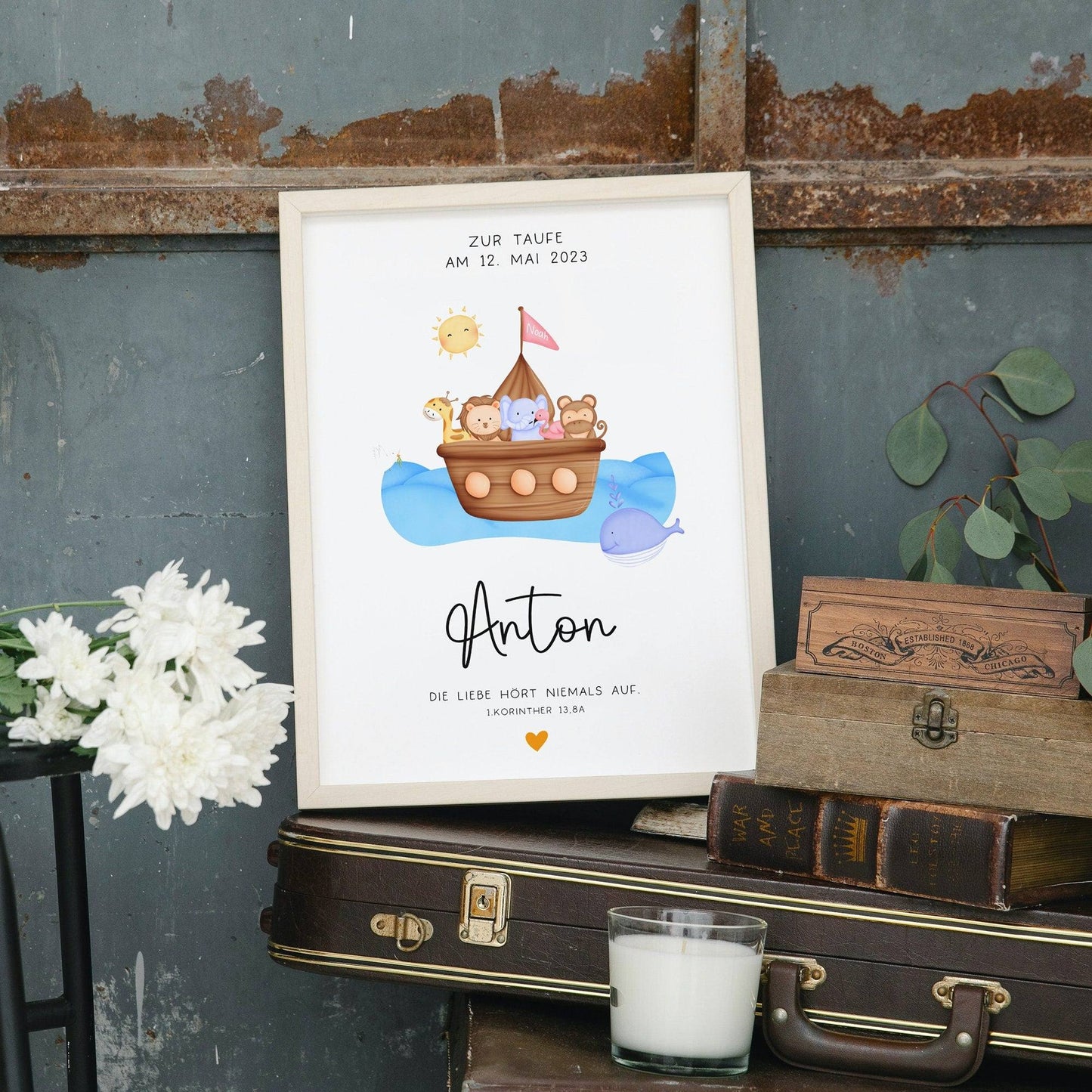 Personalisiertes Poster zur Taufe mit eigenen Namen und Taufspruch Arche Noah | Taufposter| Geschenk zur Taufe | Geschenk für Patenkind kleinebuchstaben