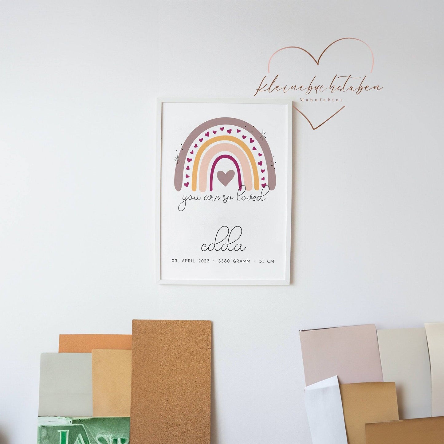 Personalisiertes Poster Geburtsposter in DIN A4 mit Regenbogen, Wunschname, Kinderzimmer Poster Name, Geschenk Baby, Geschenk zur Geburt kleinebuchstaben