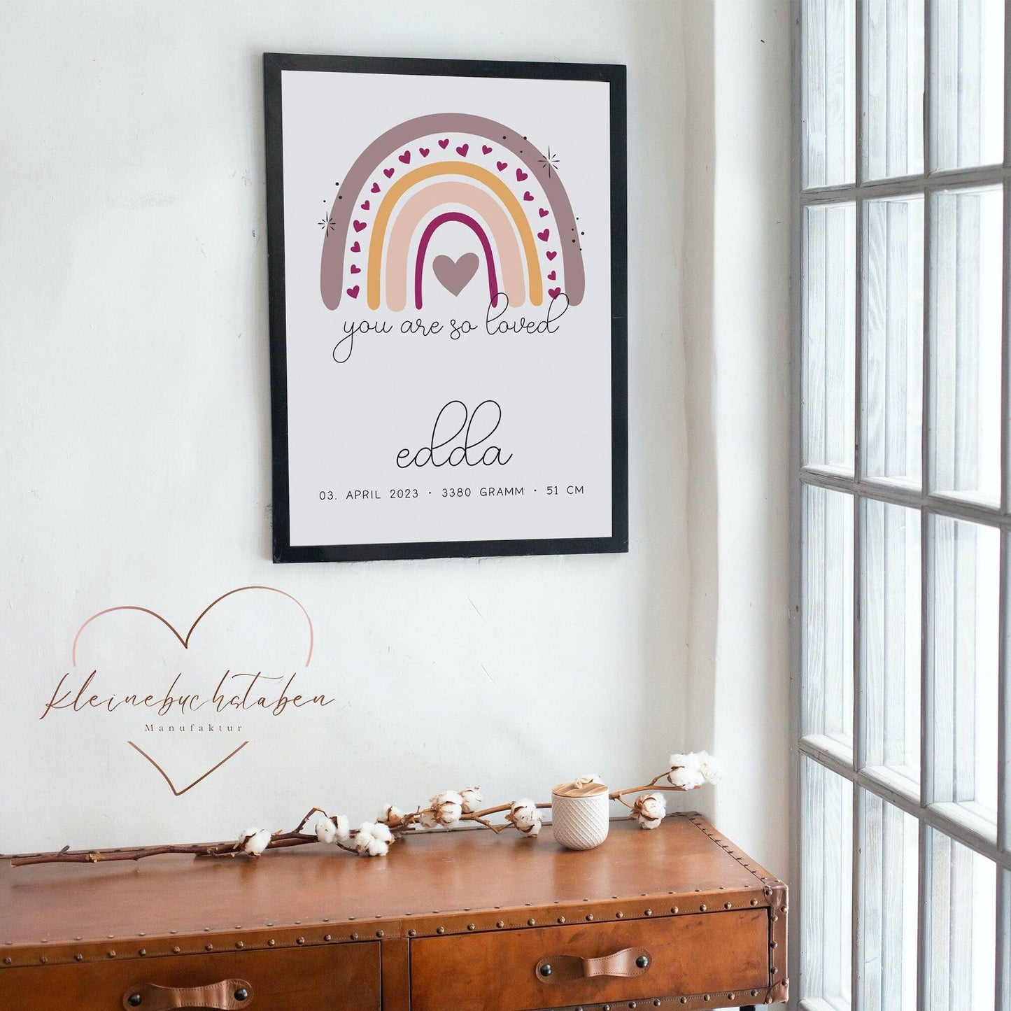 Personalisiertes Poster Geburtsposter in DIN A4 mit Regenbogen, Wunschname, Kinderzimmer Poster Name, Geschenk Baby, Geschenk zur Geburt kleinebuchstaben