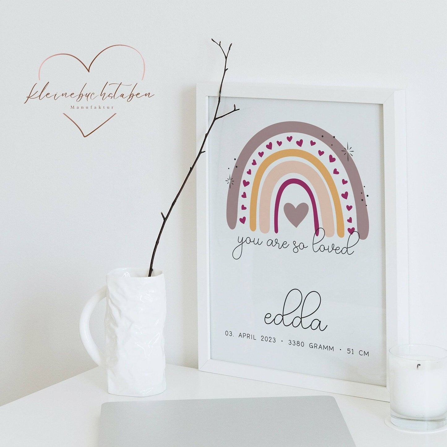 Personalisiertes Poster Geburtsposter in DIN A4 mit Regenbogen, Wunschname, Kinderzimmer Poster Name, Geschenk Baby, Geschenk zur Geburt kleinebuchstaben
