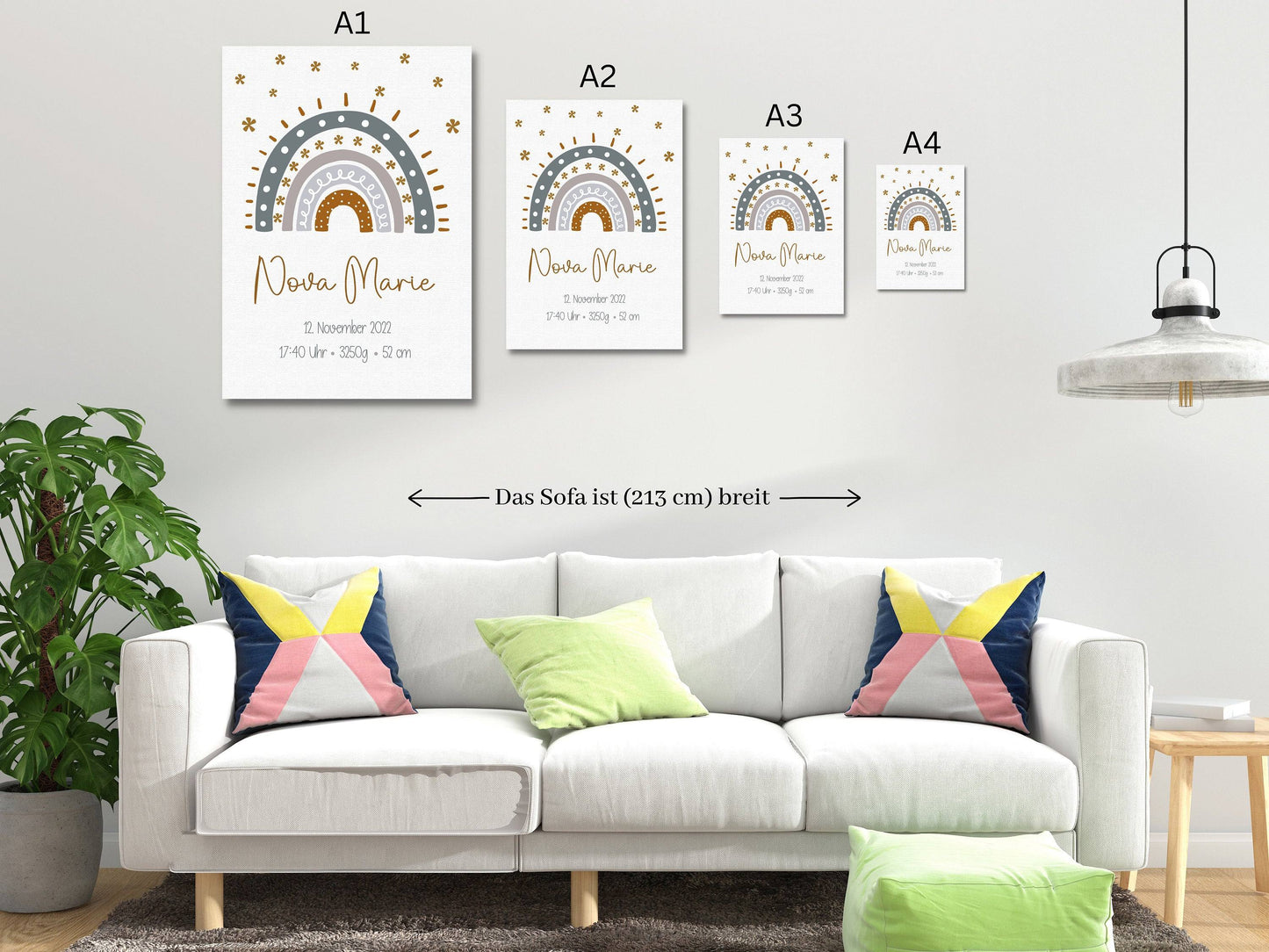Personalisiertes Poster Geburtsposter in DIN A4 mit Regenbogen, Wunschname, Kinderzimmer Poster Name, Geschenk Baby, Geschenk zur Geburt kleinebuchstaben