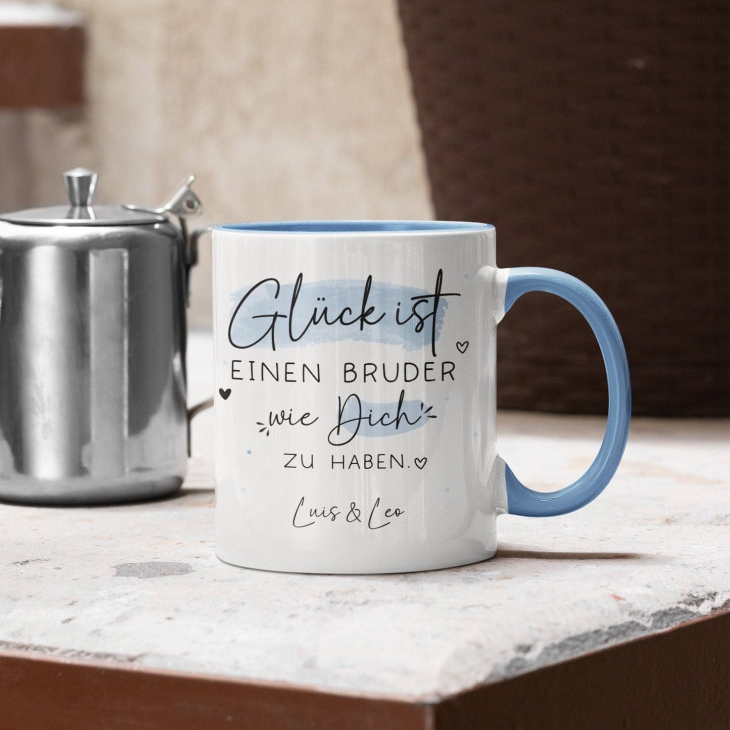 Personalisierte Tasse mit Spruch "Glück ist einen Bruder wie dich zu haben" zum Geburtstag, Geschenk, Ostern, Weihnachtsgeschenk,Wunschnamen kleinebuchstaben