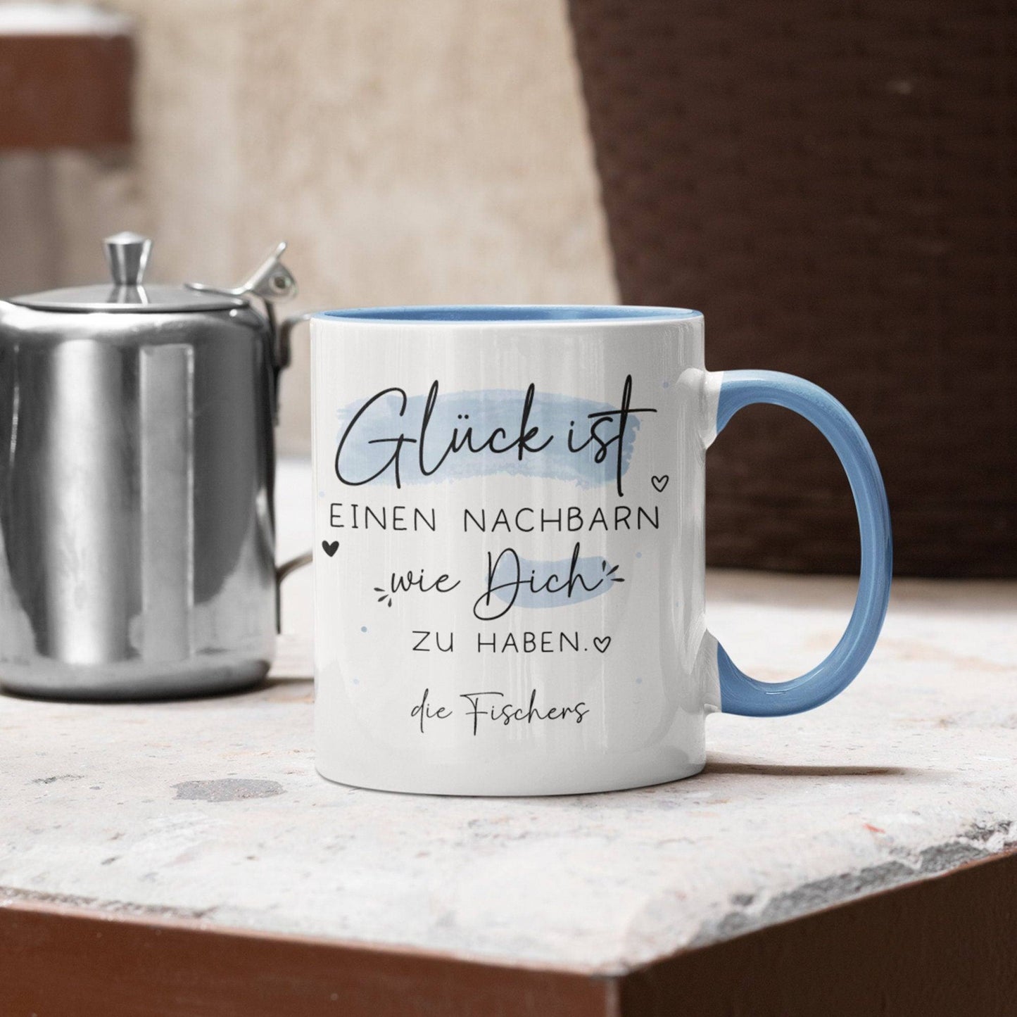 Personalisierte Tasse mit Spruch "Glück ist einen Nachbarn wie dich zu haben" zum Geburtstag, Geschenk, Ostern, Weihnachtsgeschenk, Abschied kleinebuchstaben
