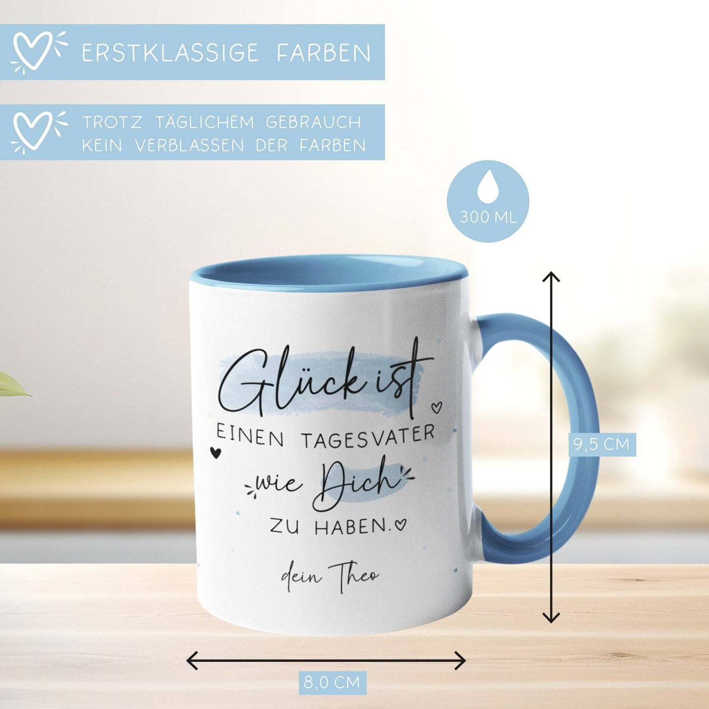 Personalisierte Tasse Tagesvater Name mit Spruch "Glück ist einen Tagesvater wie dich zu haben" zum Geburtstag, Geschenk, Ostern, Weihnachtsgeschenk kleinebuchstaben