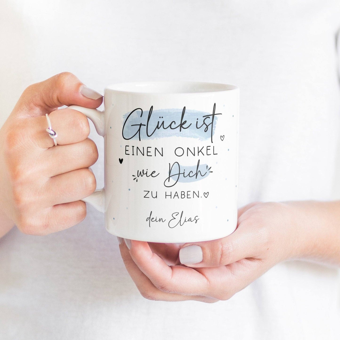 Personalisierte Tasse mit dem Spruch "Glück ist,einen Onkel wie dich zu haben". Perfektes Geschenk für Geburtstage, Ostern oder Weihnachten. kleinebuchstaben