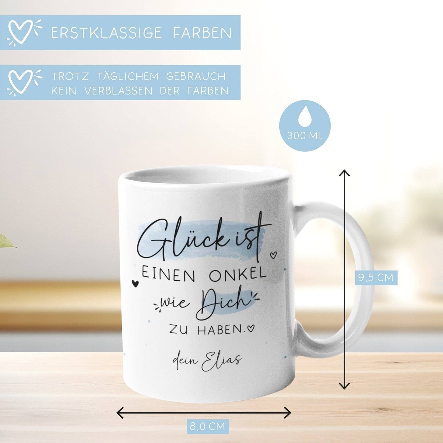 Personalisierte Tasse mit dem Spruch "Glück ist,einen Onkel wie dich zu haben". Perfektes Geschenk für Geburtstage, Ostern oder Weihnachten. kleinebuchstaben