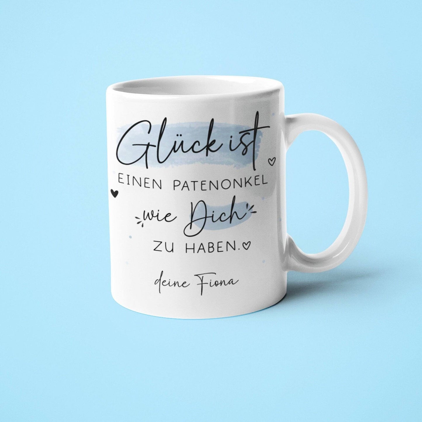 Personalisierte Tasse Patenonkel Name "Glück ist, einen Patenonkel wie dich zu haben". Super Geschenk für Geburtstage, Ostern oder Weihnachten kleinebuchstaben