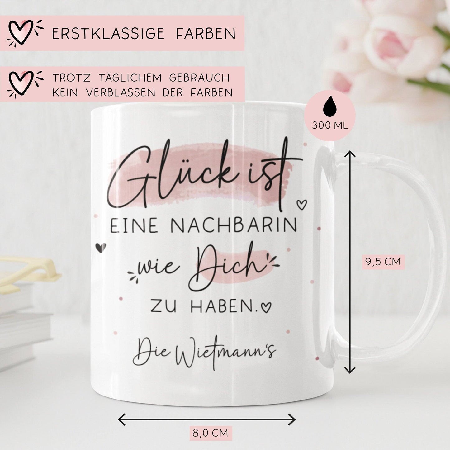 Personalisierte Tasse – Glück ist eine NACHBARIN wie dich zu haben - Geschenk zum, Geburtstag, Ostern, Weihnachten mit Name kleinebuchstaben