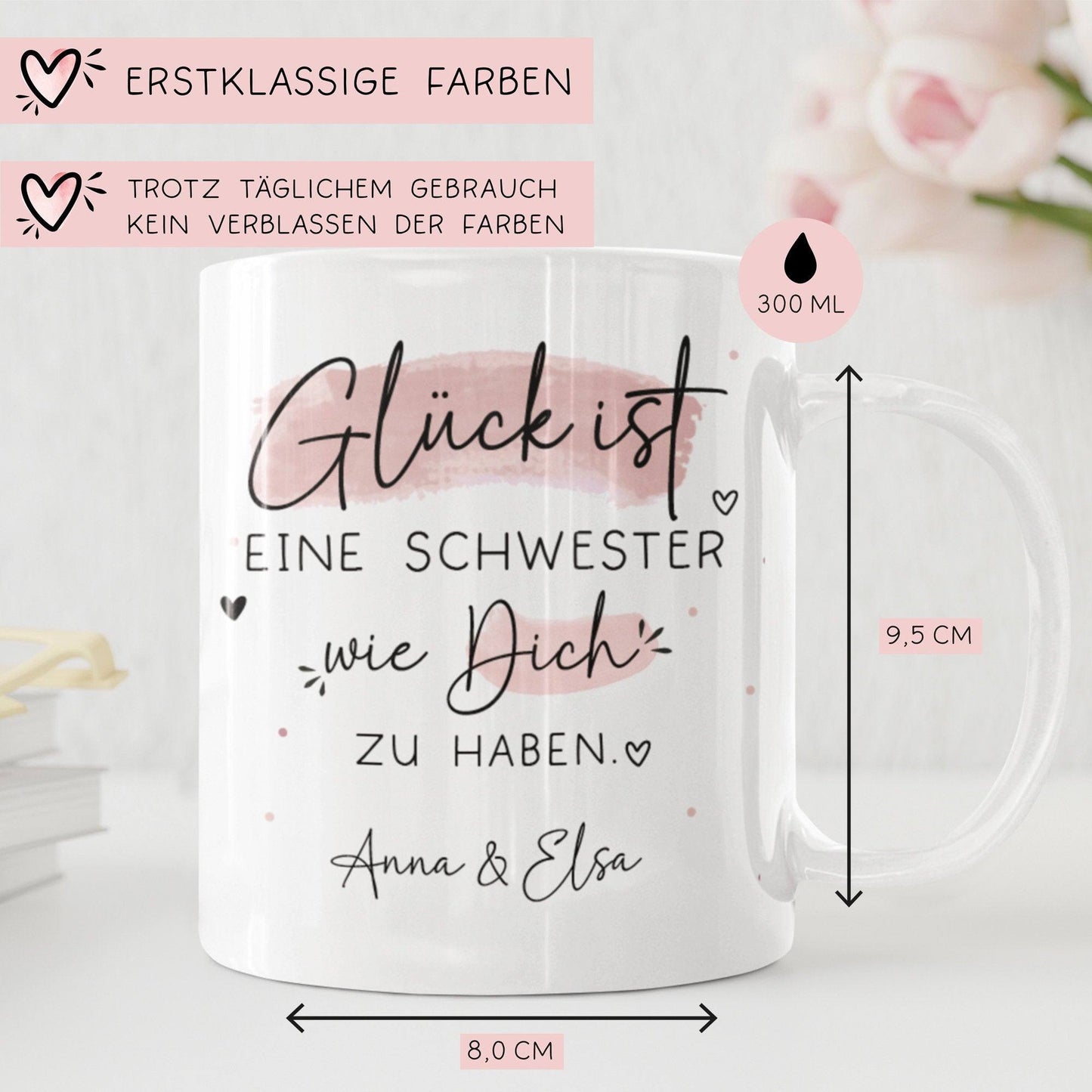 Personalisierte Tasse mit Wunschnamen – Glück ist eine SCHWESTER wie dich zu haben - Geschenk zum Geburtstag, Ostern, Weihnachten, BFF kleinebuchstaben