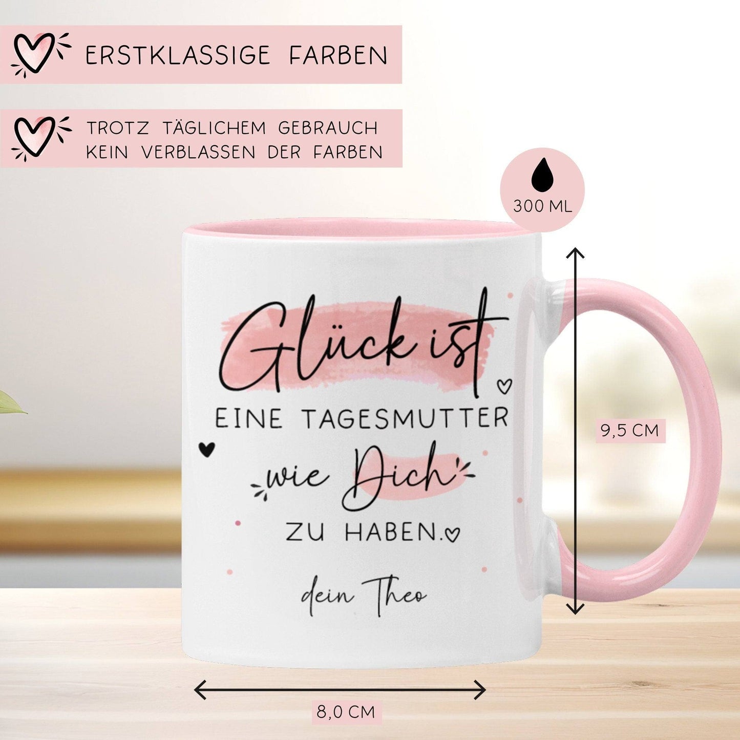 Handgefertigte Personalisierte Tasse mit Wunschnamen – Glück ist eine TAGESMUTTER wie dich zu haben - Geschenk zu Ostern, Weihnachten - Name kleinebuchstaben