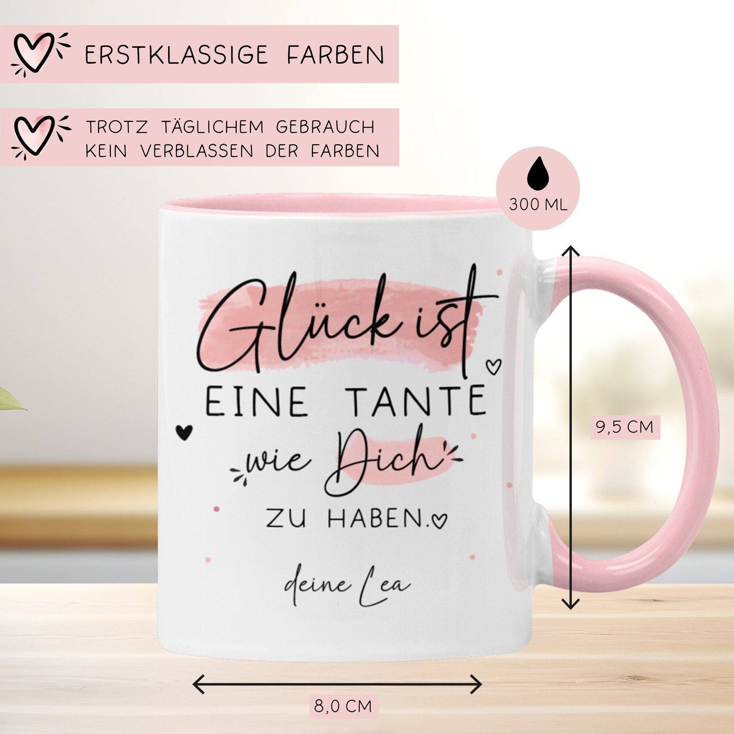 Handgefertigte Personalisierte Tasse mit Wunschnamen – Glück ist eine TANTE wie dich zu haben - Geschenk zu Ostern, Weihnachten, Geburtstag kleinebuchstaben