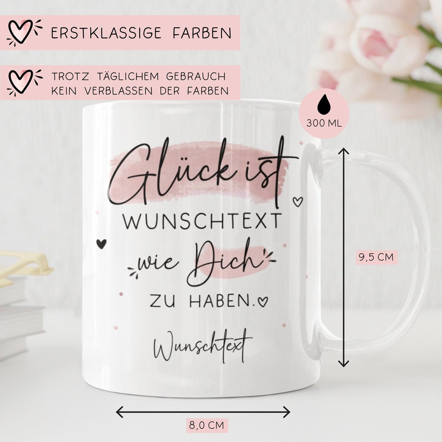 Handgefertigte Personalisierte "Glück ist..." - Tasse komplett mit Wunschtext und Wunschname. Zum Geburtstag, Muttertag, Ostern, Weihnachten kleinebuchstaben