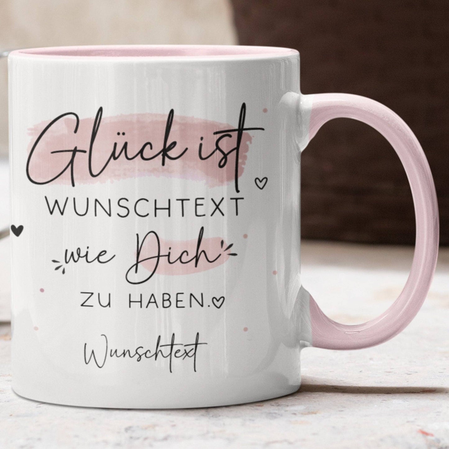 Handgefertigte Personalisierte "Glück ist..." - Tasse komplett mit Wunschtext und Wunschname. Zum Geburtstag, Muttertag, Ostern, Weihnachten kleinebuchstaben