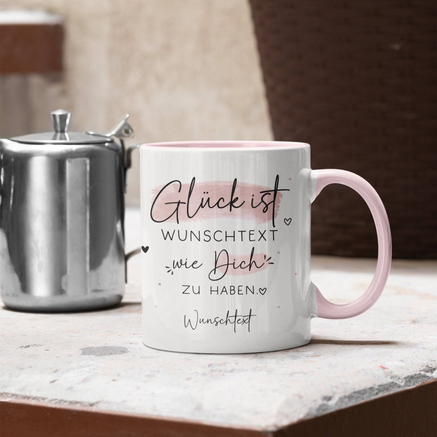 Handgefertigte Personalisierte "Glück ist..." - Tasse komplett mit Wunschtext und Wunschname. Zum Geburtstag, Muttertag, Ostern, Weihnachten kleinebuchstaben