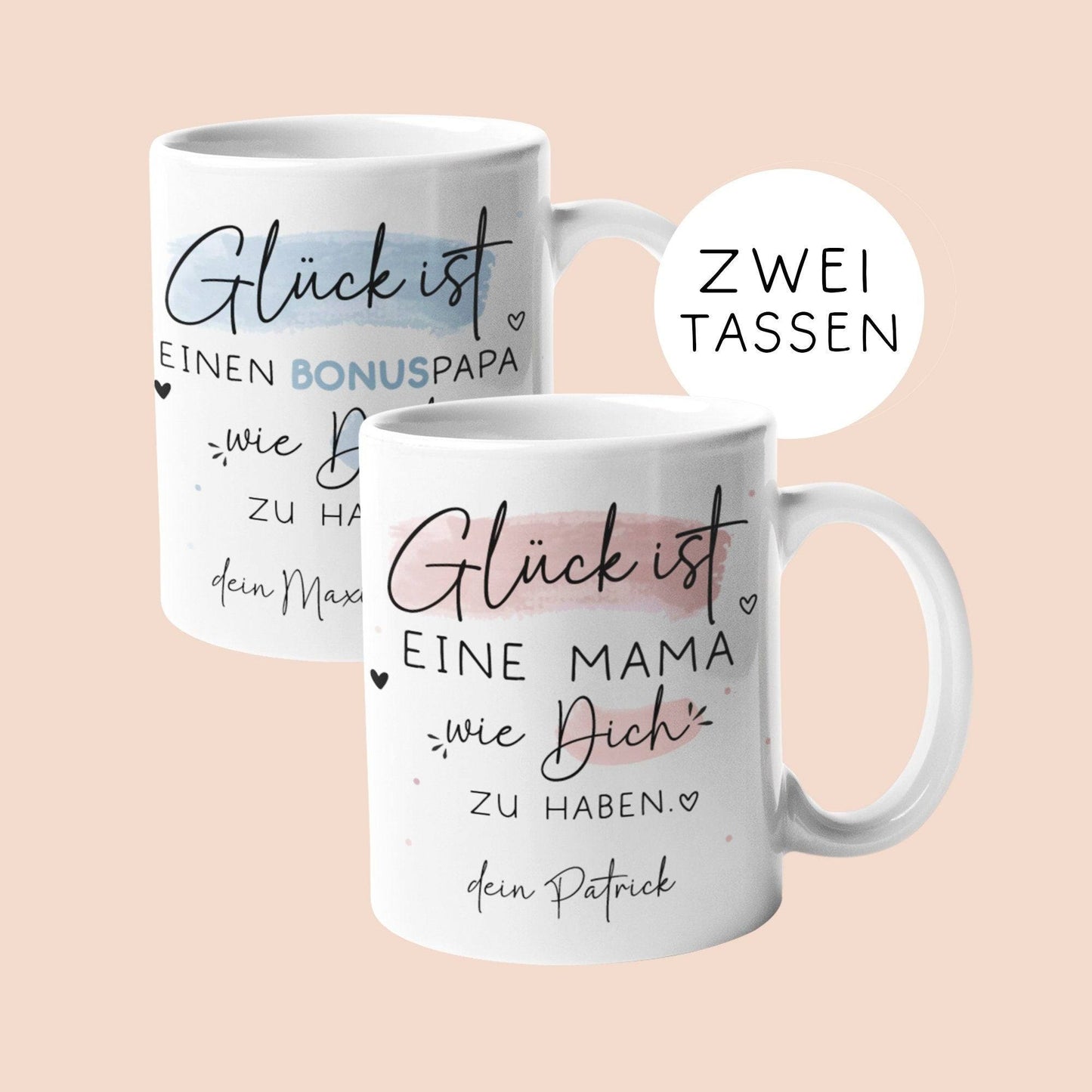 Bonusmama Muttertag personalisiert – Motiv: Glück ist eine BONUSMAMA wie dich zu haben - Geschenk zum Geburtstag, Ostern, Weihnachten kleinebuchstaben Mama + Bonuspapa