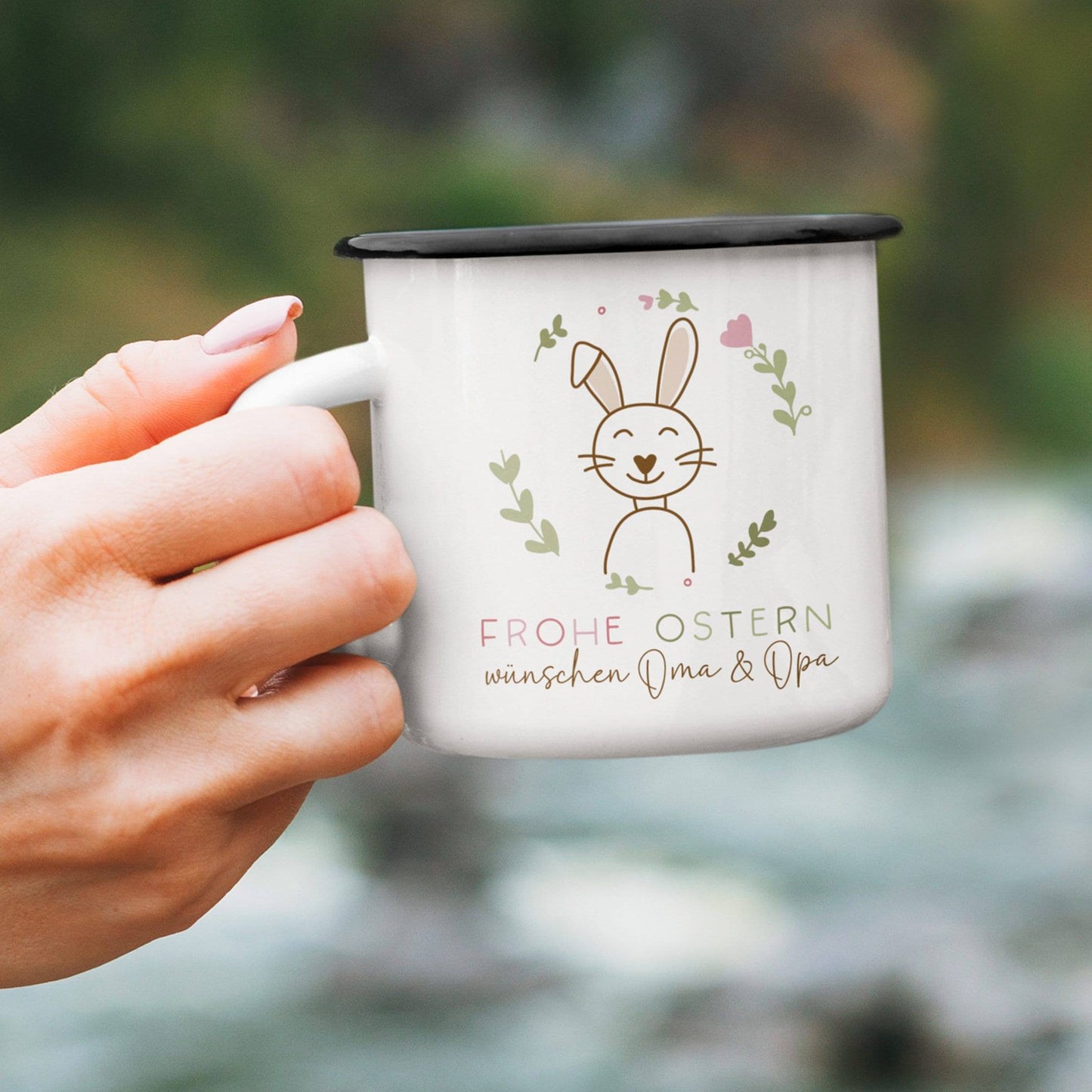 Osterbecher personalisiert mit Namen "Frohe Ostern" - Hase, Ostergeschenk für Kinder Männer Frauen Geschenkidee zu Ostern. Geschenk Emaille kleinebuchstaben