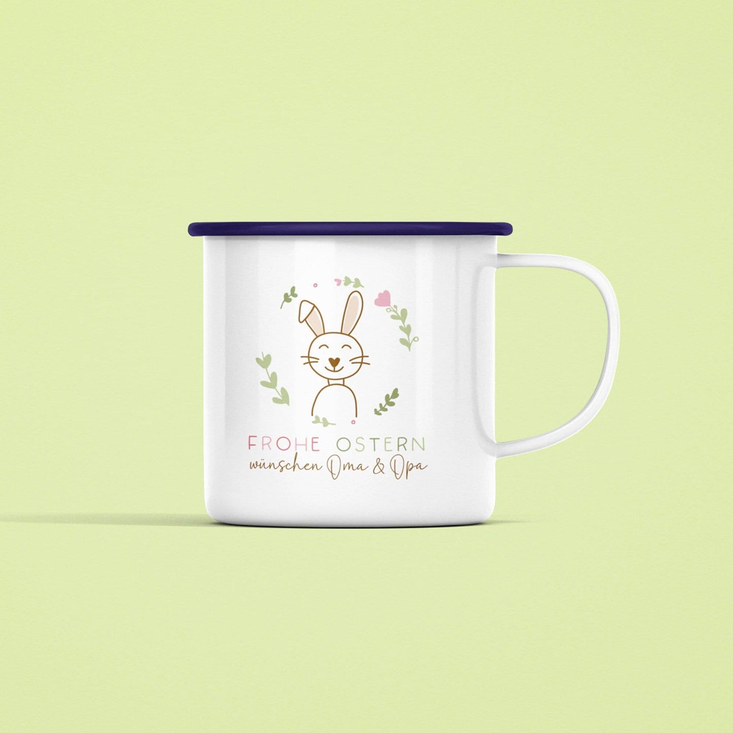 Osterbecher personalisiert mit Namen "Frohe Ostern" - Hase, Ostergeschenk für Kinder Männer Frauen Geschenkidee zu Ostern. Geschenk Emaille kleinebuchstaben