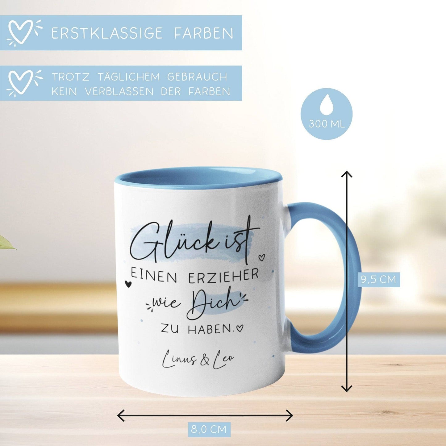 Personalisierte Tasse Erzieher Name mit Spruch "Glück ist einen Erzieher wie dich zu haben" zum Geburtstag, Geschenk, Ostern, Weihnachtsgeschenk, Abschied kleinebuchstaben