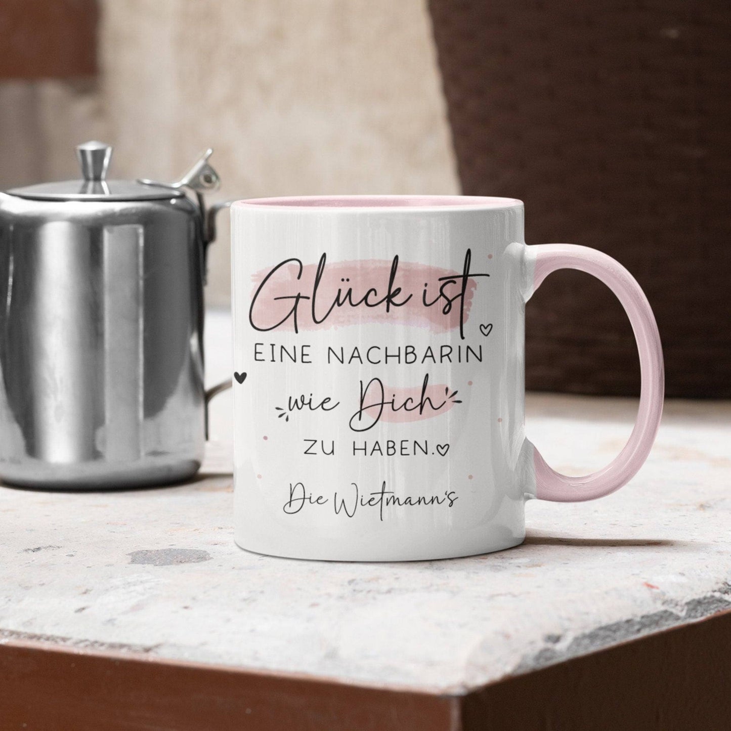 Personalisierte Tasse mit Spruch "Glück ist einen Nachbarn wie dich zu haben" zum Geburtstag, Geschenk, Ostern, Weihnachtsgeschenk, Abschied kleinebuchstaben