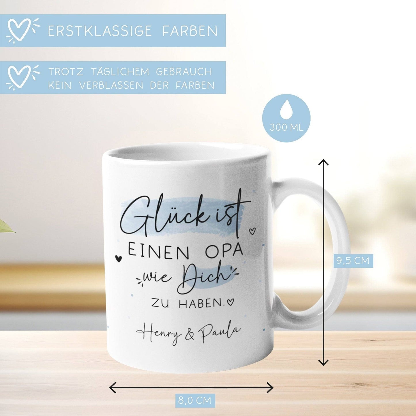 Personalisierte Tasse Opa mit Namen "Glück ist, einen Opa wie dich zu haben". Ideales Geschenk zum Geburtstag, zu Ostern, Weihnachten , für den Großvater. kleinebuchstaben