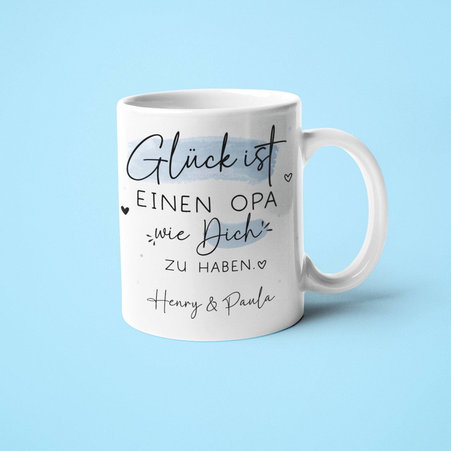 Personalisierte Tasse Opa mit Namen "Glück ist, einen Opa wie dich zu haben". Ideales Geschenk zum Geburtstag, zu Ostern, Weihnachten , für den Großvater. kleinebuchstaben