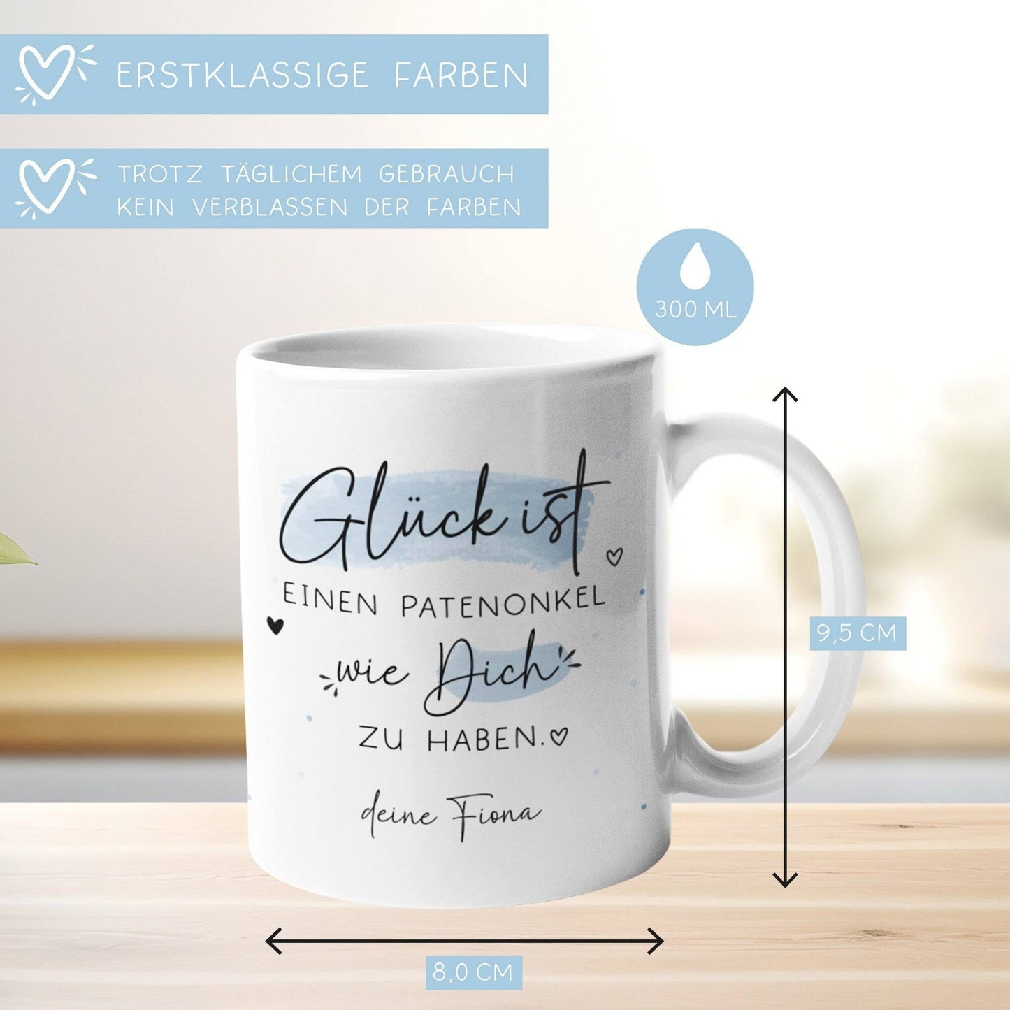 Personalisierte Tasse Patenonkel Name "Glück ist, einen Patenonkel wie dich zu haben". Super Geschenk für Geburtstage, Ostern oder Weihnachten kleinebuchstaben