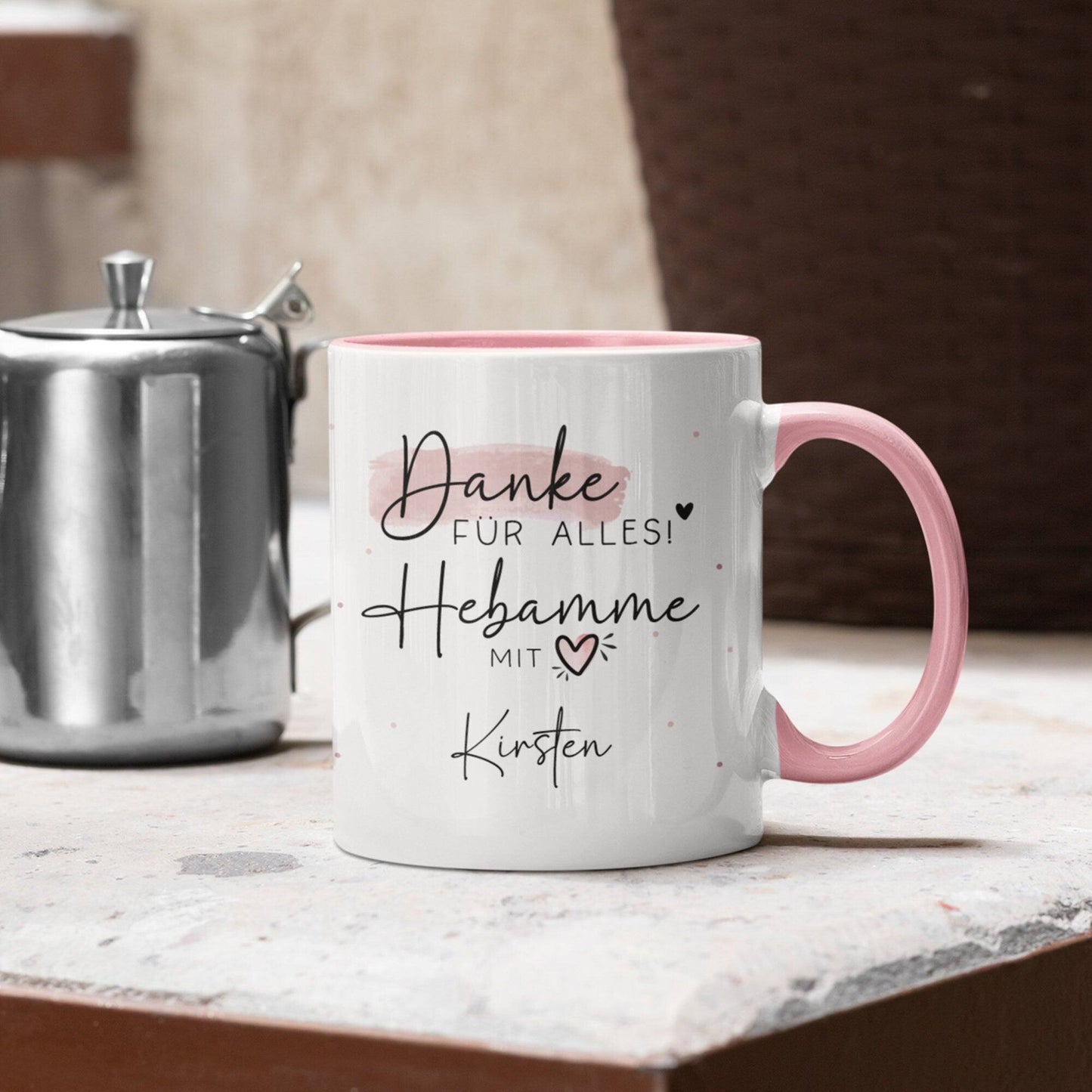 Personalisierte Tasse Hebamme mit Herz - Geschenkidee mit Wunschnamen - Danke für Alles! Geschenk - Hebamme Dankeschön - Schwangerschaft kleinebuchstaben
